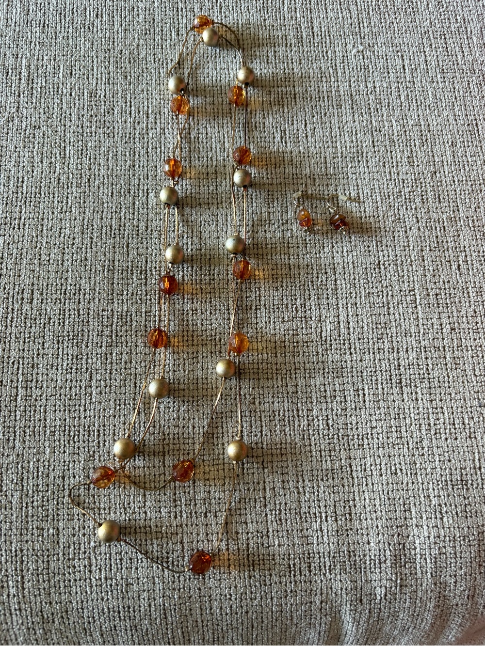 Gold and Amber Bead Layered Necklace and Earrings Set